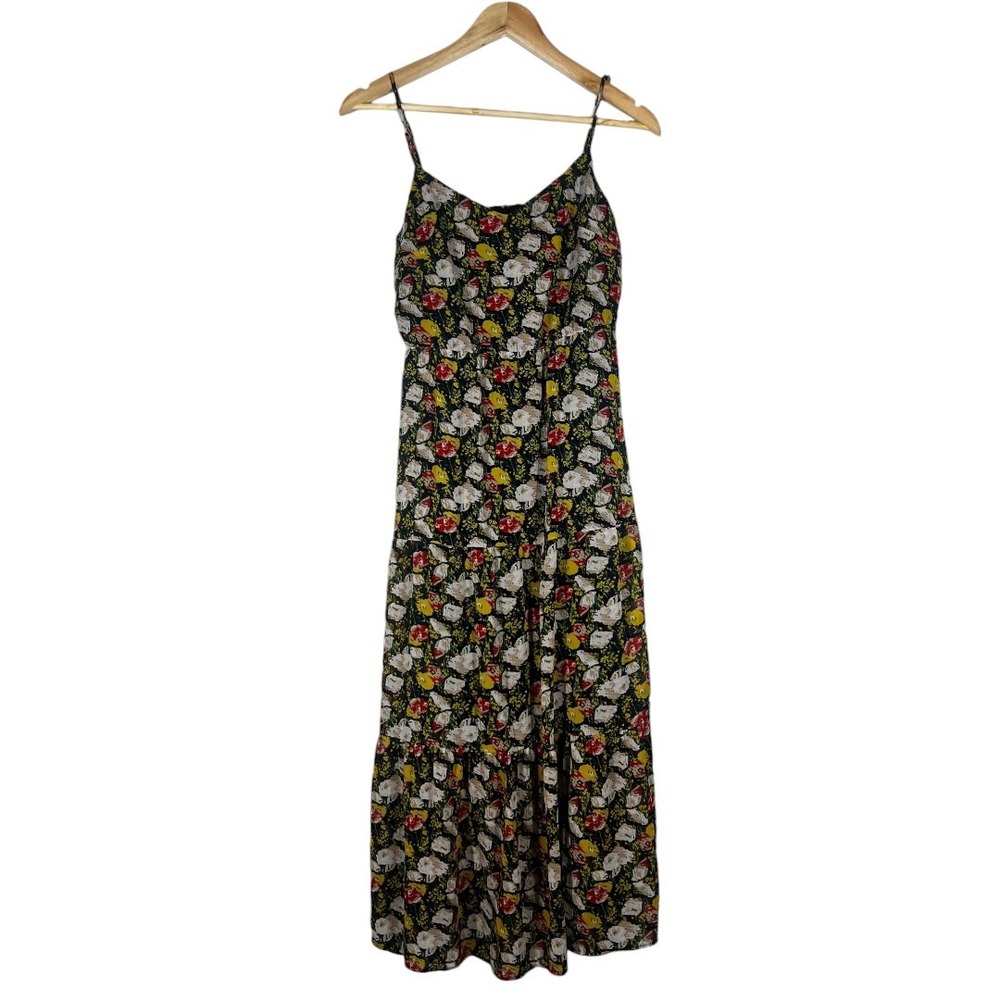 J. Crew Tiered Floral Maxi Dress Black Multi Boho Summer Cottagecore Size 4P